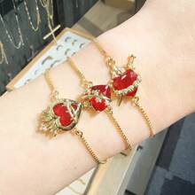 1 件复古方晶锆石红色耶稣圣心手链时尚镀金可调节适合女性日常派对佩戴