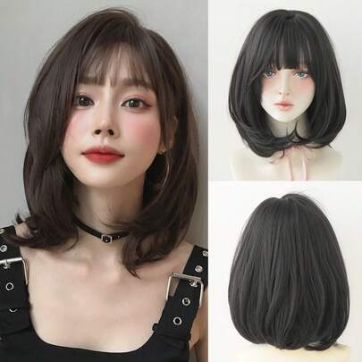 NAMM 女士齐肩黑色卷发假发 16 英寸合成波波头分层假发带刘海耐热纤维假发适合女孩日常派对使用