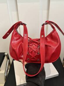 A New Women's Fashion Drawstring Shoulder Bag, Street Simple Pleated Peplum Armpit Bag, Adjustable Shoulder Strap Casual Crescent Bag, Burgundy Bag, Suitable For Young Girls, Shopping, Commuting, Daily Use