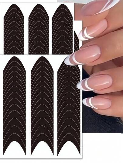 12pcs/409pcs, 10pcs/390pcs, 6pcs/234pcs Simple French Manicure Nail Art Stickers, Tweezers, Moon V Design Self-Adhesive Nail Tips Guide, DIY Basic French Nail Art Decoration Template Tools