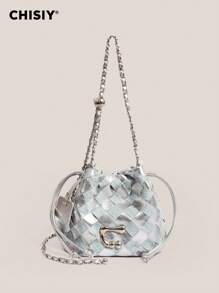 CHISIY Handmade Fashion Patchwork Color Block Chain Decor Elegant Blue Fabric Bucket Bag, Multi-Purpose Versatile Small Women Handbag, Suitable For Office, Shopping, Music Festival, Wedding, Daily Gathering, Travel, Shoulder Bag