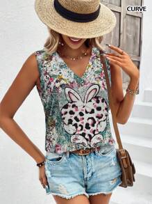 Blusa sin mangas de estilo bohemio con estampado de corazón, leopardo y conejo para mujer talla grande, ideal para primavera/verano - Multicolor - Ver 3
