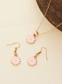 Set de 3 piezas: Collar con colgante de flor de margarita chapada en metal, pendientes minimalistas, conjunto de joyería de moda para niñas y amigas