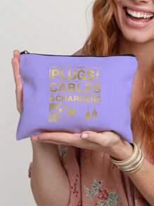 Golden Travel Charger Data Cable Pattern Theme Printed Zipper Makeup Bag,Large Capacity Makeup Bag, Cosmetic Bags,Cosmetic Bag With Data Cable Pattern, Red Air Cushion Storage Portable Storage Bag, Makeup Bag, Skincare Bag, Travel Essentials, Dormitory Supplies, Wedding Bride Gifts, Mother Gifts, Birthday Gifts, Gifts For Friends And Teachers, Bathroom Storage Make Up Bag - Multicolor - View 15