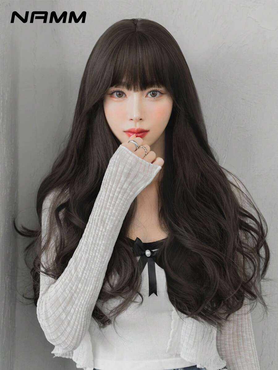 NAMM Tóc giả dài gợn sóng màu nâu sẫm màu đen cho nữ Tóc giả xoăn màu đen dài 24 inch có mái Tóc giả xoăn sóng tự nhiên bằng sợi tổng hợp chịu nhiệt mật độ cao Tóc giả tua rua cho bé gái Người mới bắt đầu sử dụng hàng ngày trong tiệc tùng