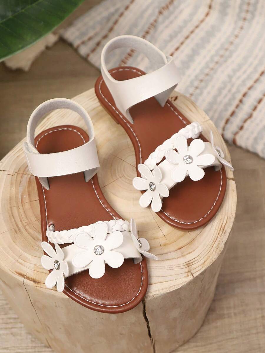 1 Pair Girls' Beige Flat Sandals, Soft PU Woven Upper With Shiny Rhinestone Flower Decor, Classic Strap Design Open Toe Fashion Casual Beach Sandals, Suitable For 3-12 Years Old, Spring/Summer New Arrival - Beige - View 1