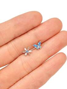 20pcs/20G Stainless Steel L-Shaped Stud Earrings With CZ Butterfly, Star, Moon, Heart And Flower Pendant, Suitable For Daily Wear And Gifts, Pink/White/Blue - Blue - View 4