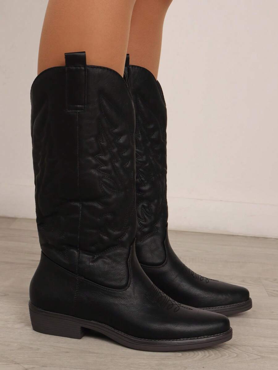 Bottes mi-mollet style cowboy noir pour femmes, adaptées pour la rentrée scolaire, Halloween, les soirées, les boîtes de nuit, les courses, les représentations et les rendez-vous, pour l'automne et l'hiver - Noir - Voir 1