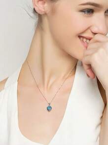 1 精美海洋心形克拉项链合成蓝水晶托帕石吊坠纯银首饰女士
