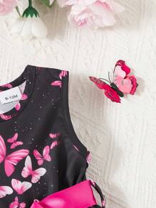 女婴春季玫红色短款披肩配黑色下摆蝴蝶印花无袖连衣裙套装