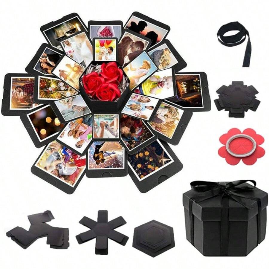 Bf Gifts Explosion Box Gifts,Surprise Creative DIY Photo,Exploding Love Box,Love Memory Photo Box With 4 Faces For Anniversary,Birthday,Valentine's Day And Wedding(Black) Square - 黑色 1 - 查看 1