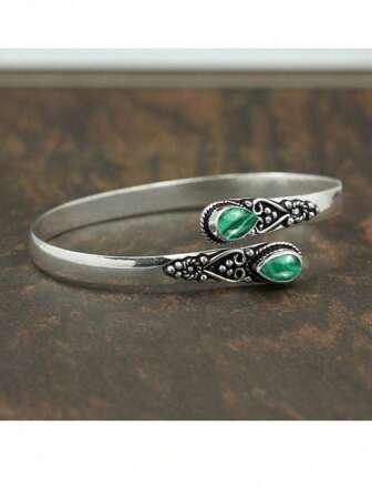 1pc Luxury Cross-Border Inlaid Green Agate Bracelet, Adjustable, Vintage European & American Style, Suitable For Party, Daily Wear