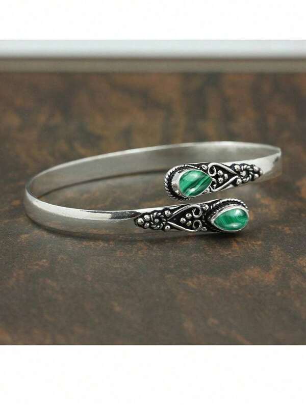 1pc Luxury Cross-Border Inlaid Green Agate Bracelet, Adjustable, Vintage European & American Style, Suitable For Party, Daily Wear