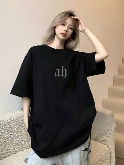 女士棉质圆领宽松休闲英文字母印花图案短袖T恤，春夏