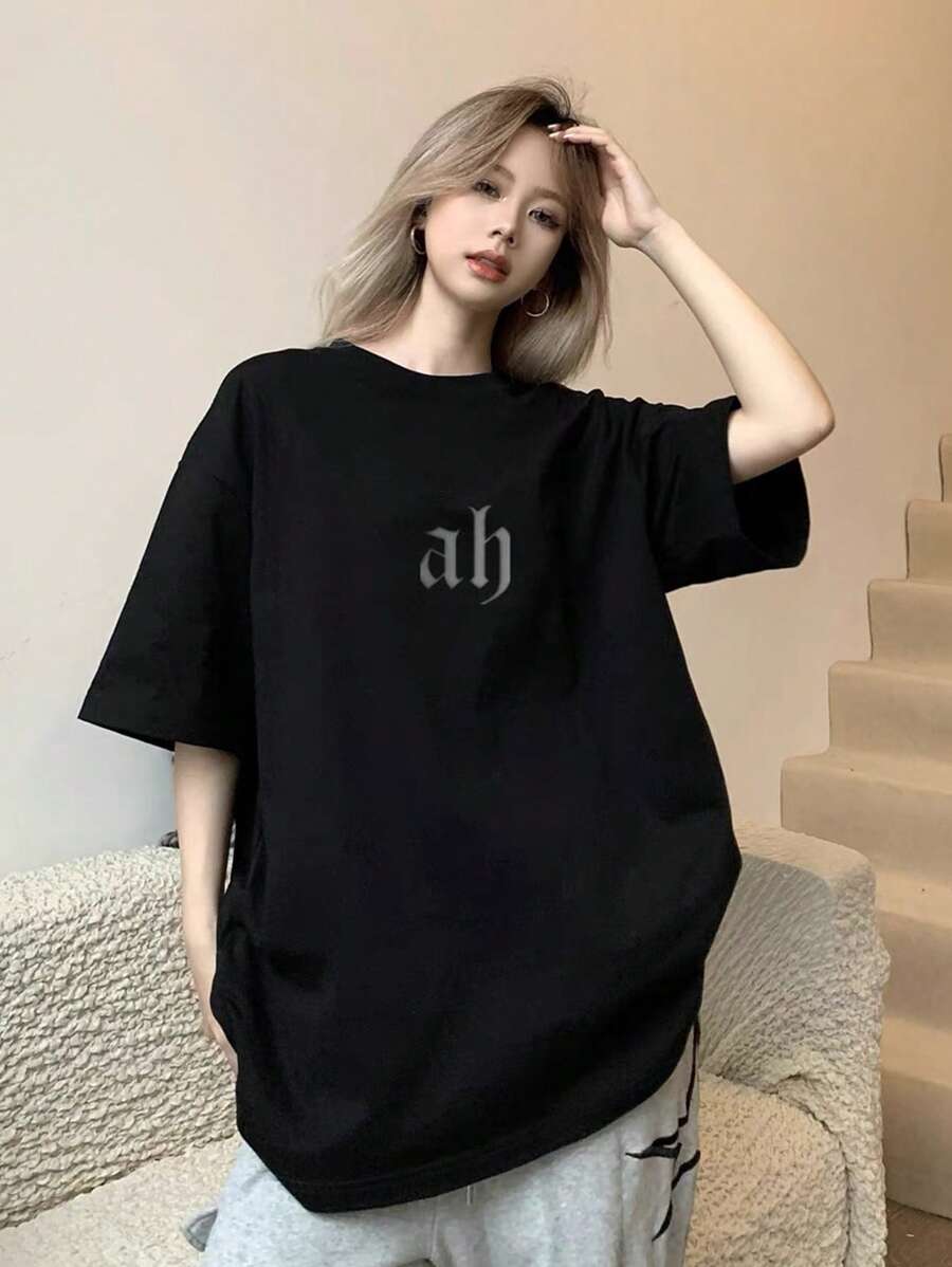 女士棉质圆领宽松休闲英文字母印花图案短袖T恤，春夏 - 黑色 - 查看 1