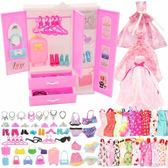 11.5 Inch Girl's Doll Wardrobe Closet 41Pcs Set, Includes 1 Closet, 1 Random Party Dress, 10 Random Sleeveless Dresses, 3 Random Swimsuits, 10 Random Shoes, 2 Random Bags, 2 Random Crowns, 2 Random Glasses, 6 Hangers, 2 Random Necklaces, 1 Travel Bag, 1 Random Ring (Doll Not Included, Accessories Colors May Be Random)