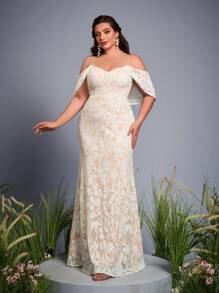 Đầm dài đuôi cá dáng ôm bó sát màu khối sequined Mgiacy tay hở dây mảnh cỡ lớn, váy cưới, cô dâu - trắng - Xem 1