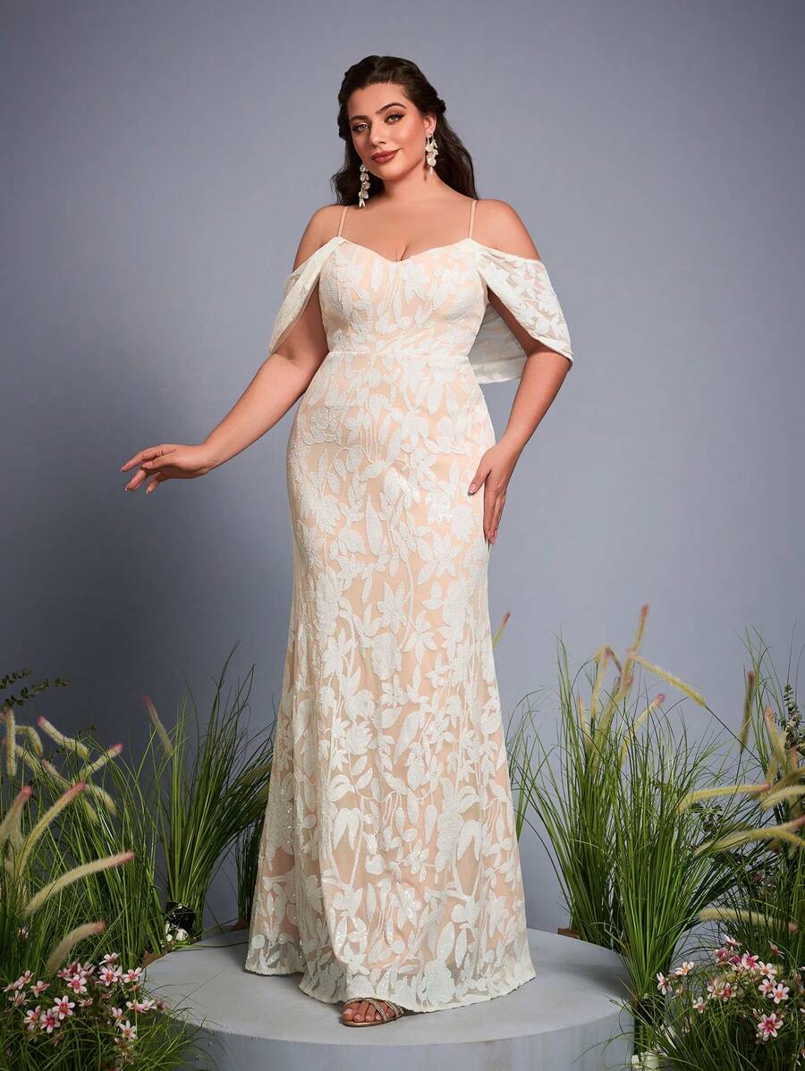 Đầm dài đuôi cá dáng ôm bó sát màu khối sequined Mgiacy tay hở dây mảnh cỡ lớn, váy cưới, cô dâu - trắng - Xem 1