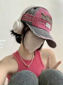 1 件褪色粉色牛仔棒球帽，新时尚字母设计男女通用户外帽子 - 粉色 - 查看 2