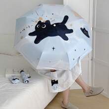 1 pièce Parapluie pliant automatique imprimé chat mignon, double usage pluie/soleil, parasol de voyage anti-UV