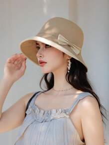 1 pieza Sombrero de cubo de mujer para primavera y verano, diseño elegante y versátil con lazo, protección solar de ala ancha, apto para salir, ir de compras, viajar