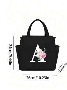 White Letters A~Z Printed With Flowers Lunch Bag For Women Men,With A Black Cutlery Storage Bag, Leakproof Insulated Soft Large Lunch Cooler Bag - Reusable Lunch Bag ,Solid Color Tableware Storage , Leak-Proof Portable Fabric Tableware Bag