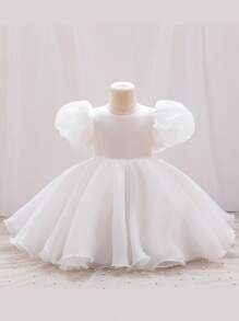 Young Girl Crew Neck Short Puff Sleeve Glamorous Princess Dress - White - View 3