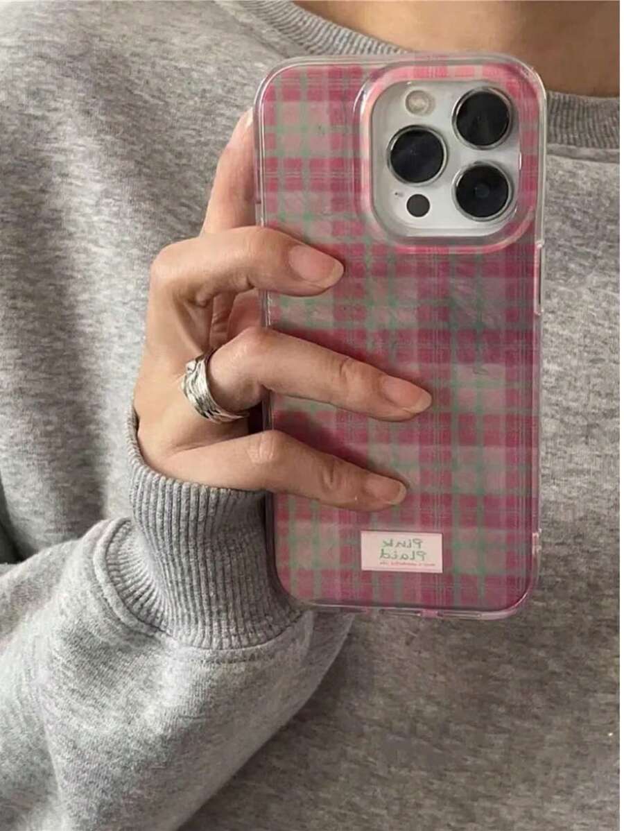 粉色格子图案可爱硅胶手机壳，适用于 16 Pro Max/17/12/14 Pro/15 Pro Max/13/XS Max，简约防震全包保护 - 粉色 - 查看 1