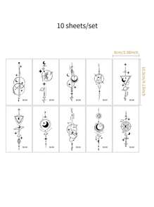 10 vellen tijdelijke tatoeages met maansterrenpatroon voor vrouwen en mannen, waterdichte geometrische nep-tatoeagestickers voor hand-, vinger-, borst- en lichaamsversiering, langdurige lichaamsdecals