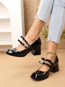 复古法式玛丽珍鞋女新款春季高跟鞋韩版小皮鞋纯色迷人公主优雅方头粗跟高跟鞋