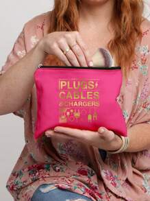 Golden Travel Charger Data Cable Pattern Theme Printed Zipper Makeup Bag,Large Capacity Makeup Bag, Cosmetic Bags,Cosmetic Bag With Data Cable Pattern, Red Air Cushion Storage Portable Storage Bag, Makeup Bag, Skincare Bag, Travel Essentials, Dormitory Supplies, Wedding Bride Gifts, Mother Gifts, Birthday Gifts, Gifts For Friends And Teachers, Bathroom Storage Make Up Bag - Multicolor - View 4