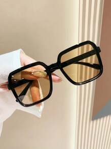 1pc Plastic Square Frame Summer Beach Fashion Glasses, Fashion Champagne Tea Shades For Summer Beach Vacation,Outdoor,Travel