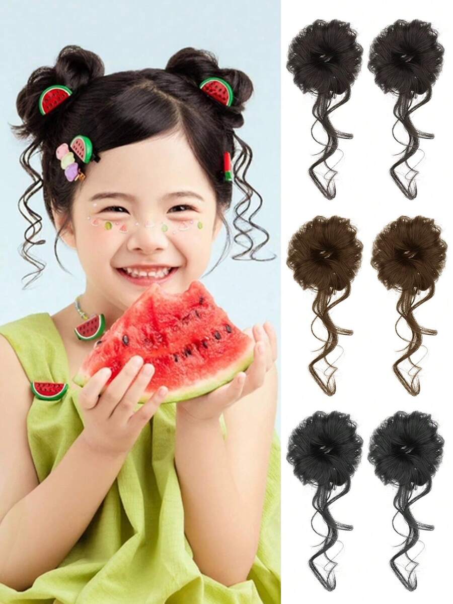 2PCS Kid's Hair Bun Extensions Wig Ring Synthetic Children's Wig Girl Flower Head Hair Artifact Wig Elastic Rubber Band Hair Bun Chignon Kid Children Wig Hair Accessories