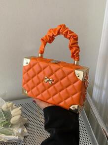 1pc New Solid Color PU Leather Quilted Diamond Small Box Bag, Bow Decor, Pleated Cloud Design Top Handle Hard Shell Box Bag, Metal Chain Shoulder Strap, Daily Use Women Gift Small Square Bag Phone Pouch - Burnt Orange - View 9