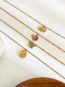 1 件春季新款时尚女士不锈钢彩色吊坠项链，大象、鱼、蝴蝶、圆形吊坠设计，手工珐琅釉制作，时尚简约奢华日常百搭多层女士项链 - 金色 - 查看 9