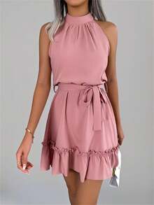 Nuevo vestido de color rosa sólido con cintura anudada, sin mangas, volantes en el bajo y cuello de halter, elegante para primavera/verano - Rosa - View 7