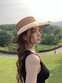 1 件女士宽边太阳帽，黑色带时尚草帽，不对称形状沙滩帽 - 帽子 - 查看 3