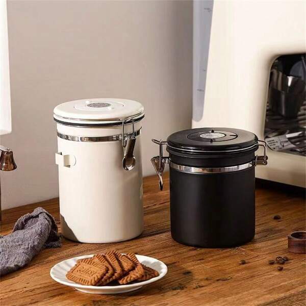 1 pieza Recipiente hermético de acero inoxidable para café con cuchara, juego de recipientes de almacenamiento, tarro para café/té con cuchara de 1.2L/1.8L
