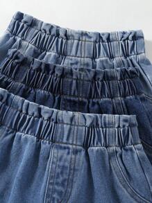 3 件装女童牛仔裤，时尚年轻女孩休闲抽绳腰部褶皱下摆小猫图案蓝色牛仔短裤 - 彩色 - 查看 3