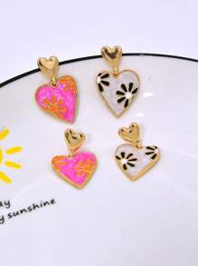 1 对精致油滴心形和花朵装饰耳钉，奢华女士耳环，适合作为送给女朋友/妻子的礼物 - 彩色 - 查看 2