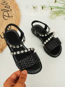 2025 Summer New Girls' Sandals Fashion Casual Beach Woven Leaky Toe Comfortable Breathable Flat Girls Shoes - Black - View 2