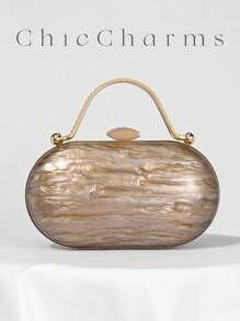 Fashionable Acrylic Round Crackle Box Evening Clutch Bag, Romantic Wedding Luxury Rhinestone Handbag, Decorative Evening Dress Formal Party Crossbody Chain Purse For Bride