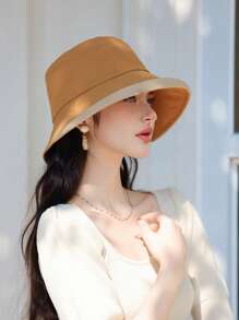 1 pieza Sombrero de cubo de mujer para primavera y verano, diseño elegante y versátil con lazo, protección solar de ala ancha, apto para salir, ir de compras, viajar