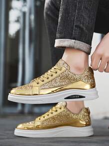 Men's Gold Casual Thick-Sole Fashion Skateboard Shoes, All Season, Student Style - Gold - View 6