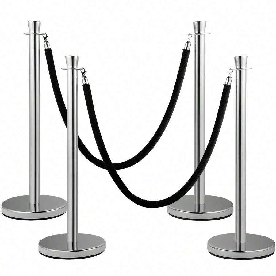 Crowd Control Stanchions: Sets Of 2, 4 Or 6 Pieces In Silver Or Black, With 5 Ft/1.5 M Red Or Black Velvet Ropes, Sturdy Concrete - Filled Metal Bases And Easy - Connect Assembly, Ideal For Party Supplies And Crowd Management - Set Of 2 Pieces Stanchion Set, 5 Ft/1.5 M Black Rope - View 1