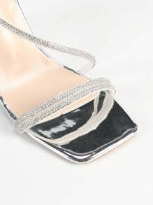 Fashionable Women High Heel Sandals With Rhinestone Straps, Backzip Closure Design Minimalist Strap Square Toe Sandals Silver Metallic Triangular Heel High Heel Sandals Chic Metallic Outdoor Summer Regular Sandals Women Silver Sandals