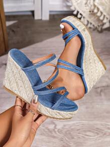 Women's Blue Summer Vacation Style Straw Woven Platform Wedge Sandals, Fashion High Heel Shoes Size 35-43, Thick Bottom Water Heel Slippers, Woven Rope Slip-On Wedge Sandals, Beach Bohemian Roman Sandals - Blue - View 6
