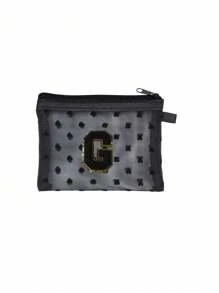 1 pieza Bolsa de malla transparente con forma de corazón linda, Mini bolsa de almacenamiento - Toalla con inicial bordada de la A a la Z, Bolsa cosmética portátil multifuncional para viajes, Bolsa de almacenamiento para maquillaje, cuidado de la piel y lápiz labial, Bolsa de cremallera de malla, Organizador de maquillaje para viajes