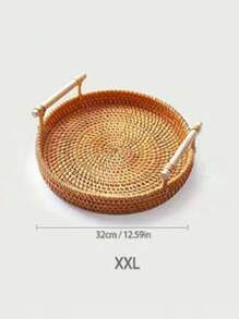 1 pieza Bandeja de servir de ratán hecha a mano, bandeja de té de ratán tejido natural de doble asa, plato de frutas, canasta de pan y snacks, bandeja redonda de ratán hecha a mano, canasta de snacks, canasta de almacenamiento tejida, plato de almacenamiento, estilo rústico, adecuado para la cocina del hogar - Caqui - Ver 23