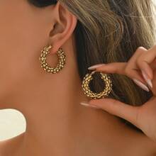 1 Pair Stainless Steel Round Hoop Earrings, Suitable For Parties - Gold - View 10